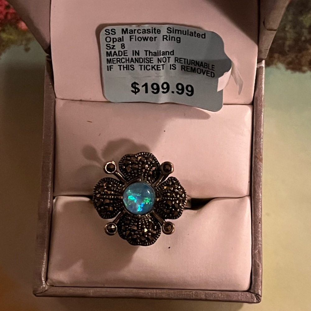 Sterling Silver Marcasite ring w/ simulated Opal stone sz8